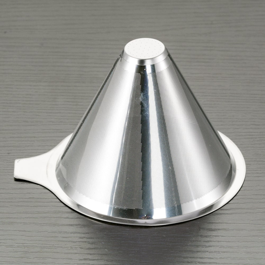 Reusable Stainless Steel Drip Tray In The Shape Of a Cone, Double-Layer Strainer Basket For Coffee Preparation.